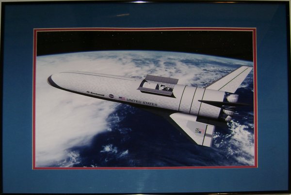 Poster of the Rockwell SSTO RLV: (matted and framed to 26 x 22") This artist's rendering depicts Rockwell International's 1995 Single-Stage To Orbit (SSTO) Reusable Launch Vehicle (RLV) concept developed as an operational follow-on s