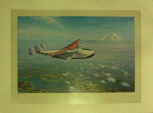 1988, "Two Majesties" Boeing 314 Print John Young: (26 x 20") color artist's proof print featuring Mount Rainier, the Pacific Northwest's majestic landmark, and the equally majestic Boeing Model 314. The release of this print coincides with the 50th A