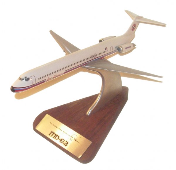 Jet Alsace MD-83 Model, McDonnell Douglas: (11 x 8") This white/silver/red/blue model is on a wooden base (7 x 4") base. Made by Wesco Models International. Excellent condition.