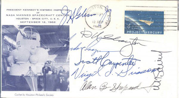 NASA Mercury 7 Astronauts Signed 1962 Cover: John Glenn, Deke Slayton, Gordon Cooper, Scott Carpenter, Virgil Grissom, Alan Shepard & Walter Schirra Autographs on a commemorative cover bearing a black and white cachet depicting John F. Kennedy's