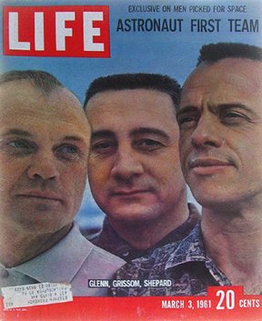 1961 Mercury Life Magazine Glenn Grissom Shepard: March 3, 1961 "Life Magazine" profiling Glenn, Grissom and Shepard. A pictorial profile on three of the Mercury 7 astronauts. Modest cover faults, but in good condition.