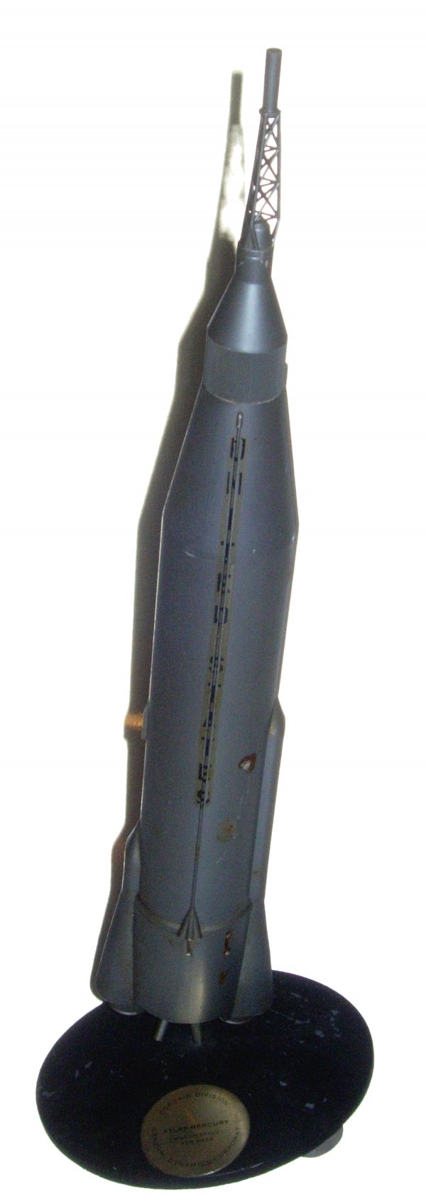 General Dynamics "Atlas-Mercury" Rocket Model: (19 x 6") An attractive General Dynamic's, Convair Division contractor's model made by Topping complete with escape tower, mounted on a 6" metal base with a descriptive plaque that reads "Man in Space