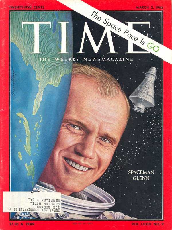 1962, Mercury "Time" Featuring "Spaceman Glenn": March 7, 1962 Time magazine(Volume 79, No. 9)featuring Mercury astronaut John Glenn. Very good condition with toning.