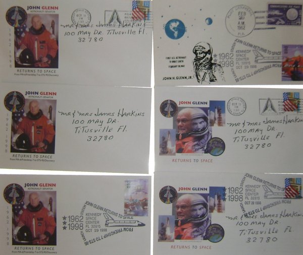 Mercury Astronaut John Glenn Commemorative Covers: including a double cancel "First Astronaut To Orbit Earth" bearing a Port Canaveral Feb 20, 1962 and a Kennedy Space Center Oct 29, 1998 cancel, a 4c Communications for Peace U.S. postage stamp and a 