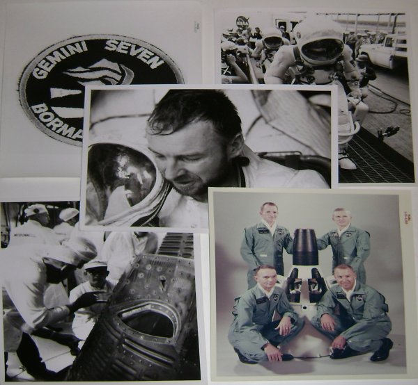 Lot of 6 Gemini 7 NASA #'d Photographs: 2 x official NASA black and white publicity photographs (8x10") # 65 H 1882 of astronauts Frank Borman and James Lovell walking to the elevator at launch complex 19, 1 official NASA black and white pu