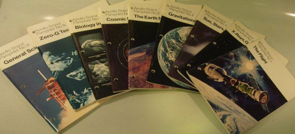 1977, Apollo-Soyuz Experiments in Space, NASA: (Approx. 60pp., soft cover, 3 hole punched) Pamphlets numbers 1 - 9. "This is one of a series of nine curriculum-related pamphlets for teachers and Students of Space science." Excellent condition.