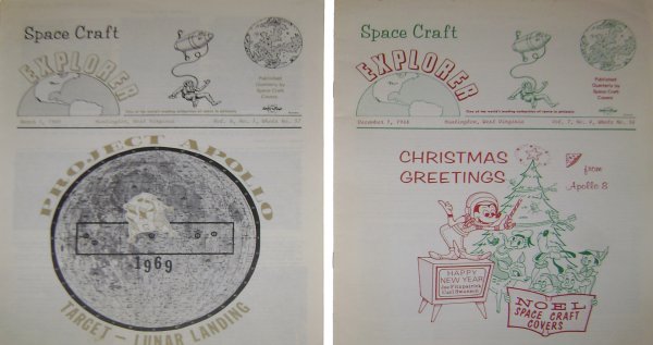 Apollo, Two Issues of "Space Craft Explorer": Two issues of Space Craft Explorer. The first issue (December 1, 1968, Vol 7, No. 4, 16 pp, stapled) features "Christmas Greetings from Apollo 8"; the second (March 1, 1969, Vol 8, No 1, 16 pp., stapl