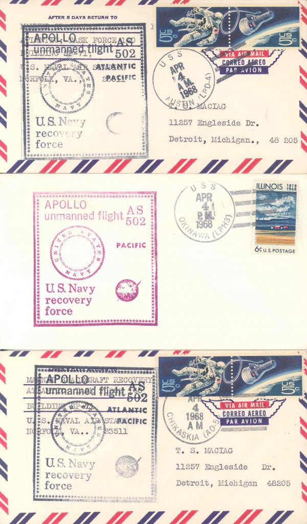 Apollo 6 Final Unmanned Test Recovery Covers: Apollo 6, launched on April 4, 1968, was the Apollo program's second and last unmanned test flight of its Saturn V launch vehicle. A lot of 5 different covers bearing "US Navy Recovery Force" hand sta