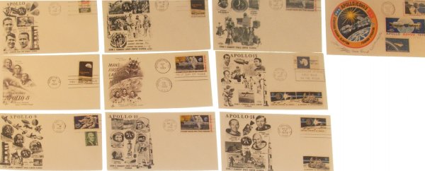 9 Apollo Mission Covers & 1 ASTP Cover: Nine Apollo mission commemorative covers for Apollo 7, 8, 9, 10, 11, 12, 14, 15 and 16. Each cover bears black and white cachets of the respective crew portraits and spacecraft. The Apoll 7 covers bea