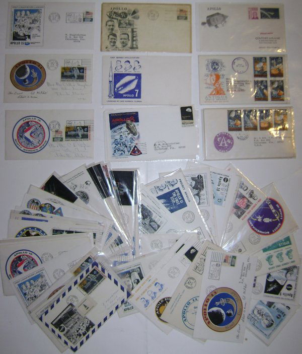 Lot of 59 Apollo Commemorative Covers: including Apollo 3 Man Flight, Apollo 7, 8, 9, 10, 11, 13, 14, 15, 16, 17 and some First Day Of Issue commemorative Covers. Good condition.