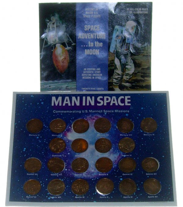 Apollo Man in Space Commemorative Medallion Set: (1", diameter) A set of 22 bronze toned medallions commemorating US manned space flight missions . The medallions include Mercury, Gemini and Apollo (through 12). Very good condition.