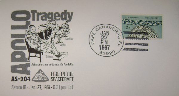Apollo 1 Tragedy Commemorative Cover: This "InterSpace" cacheted event cover bears a US flag 6-c stamp tied with a Cape Canaveral hand cancel dated January 27, 1967. Extremely rare, unaddressed and pristine.