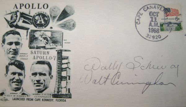 Apollo Astronauts Schirra & Cunningham Autographs: on a cover which bears a US "the Sciences" 5-c stamp tied with Cape Canaveral Apollo 7 launch date cancel dated Oct. 11, 1968, and "Orbit" cachet. Signed with black ink by Wally Schirra and Walt Cunni