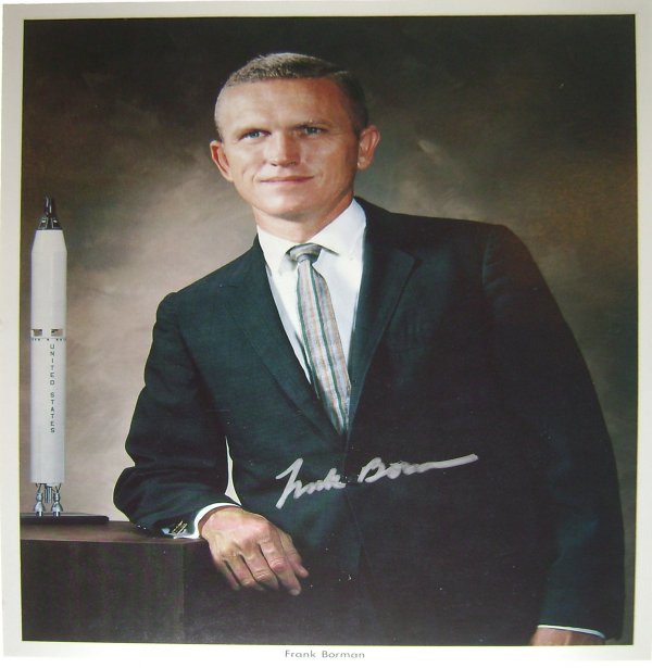 Apollo 8 Astronaut Frank Borman Autograph: On an official NASA color publicity lithograph (8 x 10") of the astronaut in his business suit. Borman signed in silver Sharpie. Excellent condition.