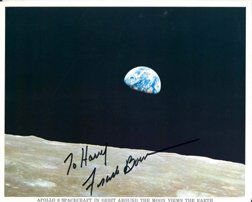 Apollo 8 Astronaut Frank Borman Autograph: on an official NASA color publicity lithograph (8 x 10") of the Earth as seen from Apollo 8 on the moon. Bowman signed in black Sharpie "To Harry Frank Borman." Very good condition.