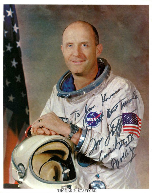 Apollo 10 Astronaut Thomas Stafford Autograph: on an official NASA color publicity lithograph (8X10") of the astronaut in his space suit. Signed and inscribed in Black Sharpie "To Jan Kovacs, Best wishes, Tom Stafford Gemini VI, IX, Apollo X".Good