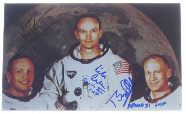 Apollo 11 Armstrong, Collins, Aldrin Autographs: on a color picture portrait (10.5 x 6") the Apollo 11 crew. Armstrong signed in black Sharpie, Collins and Aldrin in blue. Uninscribed. Excellent condition.