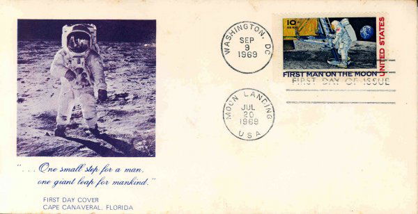 Apollo 11 Lunar Landing Cover: an FD event cover with a printed multicolor cachet tied with a Jul 20, 1969 Moon Landing date cancel. Good condition.