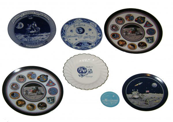 Lot of 6 Apollo 11 Commemorative Plates: Including a (7.50") "First Limited Edition Collectors Historic Series Plate S/N F8047 Made in Western Germany for Seven Seas Traders, Minneapolis, a (7") Royal Delf, Hand Painted Made in Holland, a (7