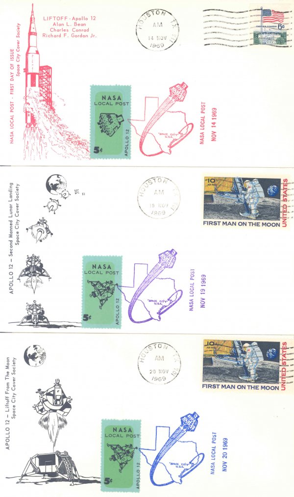 Lot of 9 Apollo 12 Commemorative Covers: 9 different launch, splashdown and recovery covers issued for the Apollo 12 mission. Each bears a colorful cachet, and either 6c US flag stamps, or 10c US "First Man on the Moon" stamps. Very good con