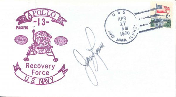 James Lovell Autograph Apollo 13 USN Recovery Cover: James Lovell autograph in pencil on an Apollo 13 Pacific USN Recovery Force cover. The cover bears a wine colored LM cachet, and a US flag 6-c stamp tied with a USS Iwo Jima (the ship that recovered t