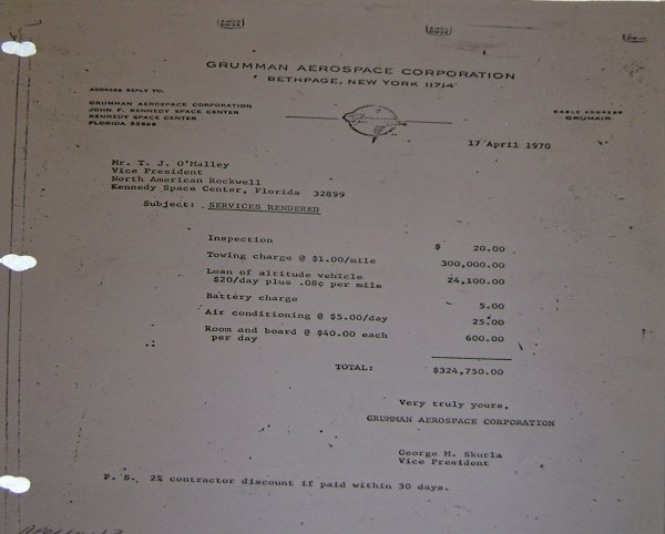 Humorous Invoice for Towing Charges of Apollo 13: This lot consists of a copy of an humerous faux invoice from Grumman Aerospace Corporation, which built the lunar module, to North American Rockwell, who built the command module, for "towing" the com