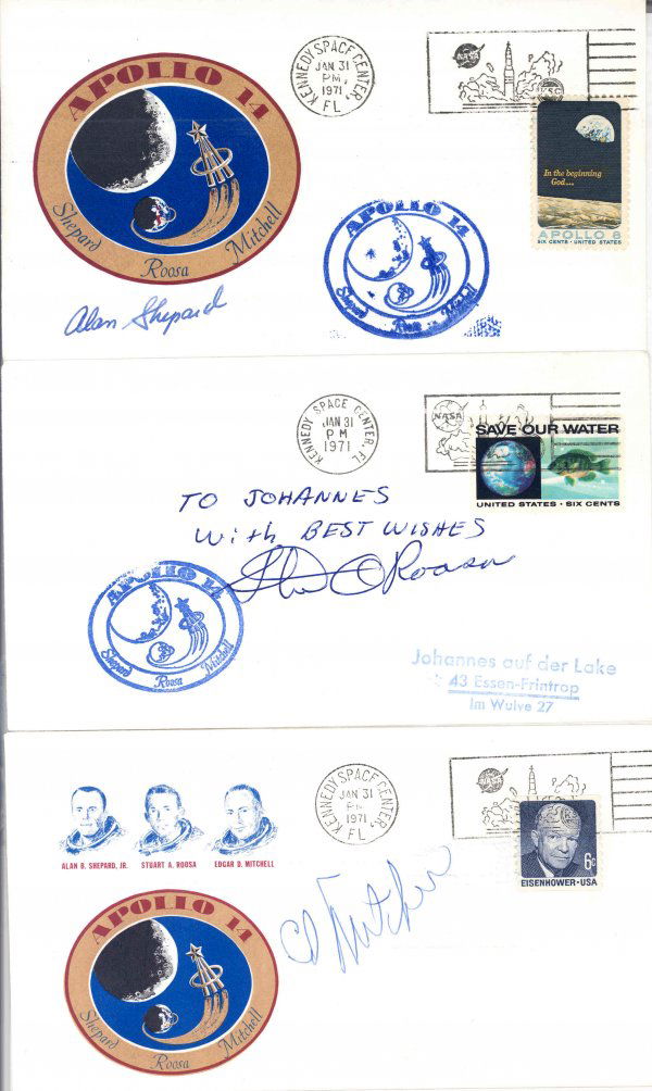 Apollo 14, Shepard, Roosa & Mitchell Autographs: on three launch covers bearing the mission Apollo 14 logo cachets, both with printed and official NASA rubber cachets, each with Kennedy Space Center launch date cancels of January 31st, 1971 (in two