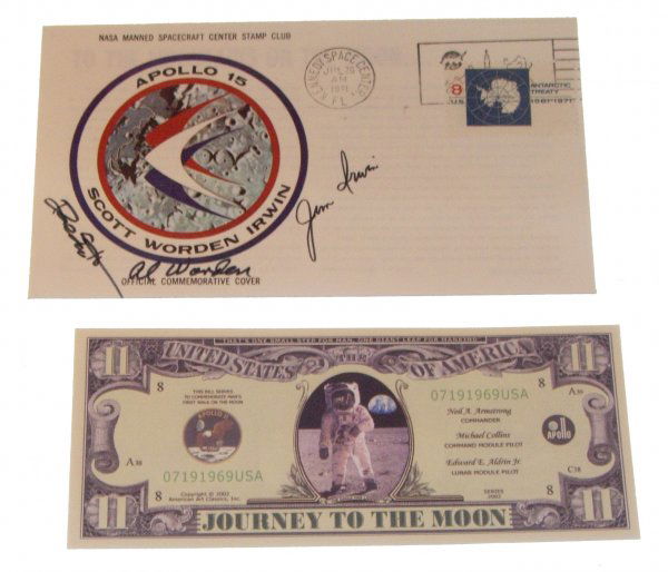 Apollo 15 Scott, Worden and Irwin Autographs: on an Apollo 15 launch cover with a multicolor NASA Manned Spacecraft Center Stamp Club cachet. Signed in black ink. Also included is an Apollo 11 dollar bill. Excellent condition.