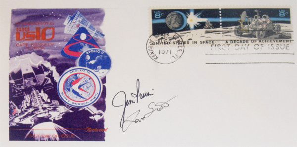 Apollo 15 Astronauts Scott & Irwin Autographs: on an Cape Kennedy commemorative cover. The cover bears a red, white, blue and brown cachet depicting a Lunar Module and the Friendship 7 and Apollo 8, 11 and 15 mission emblems. The cover bears two 8