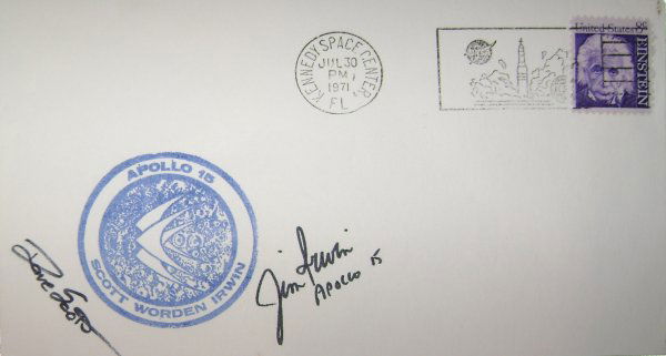 Apollo 15 David Scott & James Irwin Autographs: On a cover with a rare official NASA dark blue rubber-stamped mission logo cachet and a US "Einstein" 6-c stamp tied with a Kennedy Space Center Apollo 15 lunar landing date cancel of July 30, 1971. S