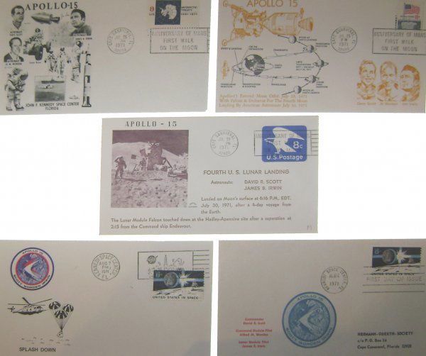 Set of 5 Apollo 15 Covers: Including a launch cover with a black and white cachet depicting crew portraits, Lunar Rover and Recovery Ship, a Cape Canaveral, FL launch date cancel of July 26, 1971 and 1 U.S. airmail 8 cent stamp