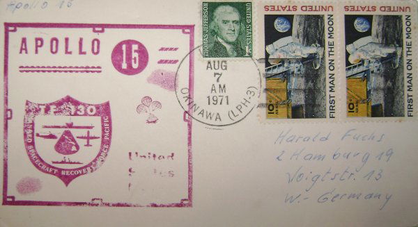 Apollo 15 US Navy USS Okinawa Recovery Cover: This lot consists of an Apollo 15 USN Recovery cover, which bears a wine colored USN TF Manned Spacecraft Recovery Force cachet, 2 US 10c First Man on the Moon and 1 US 1c Thomas Jefferson stamps, and