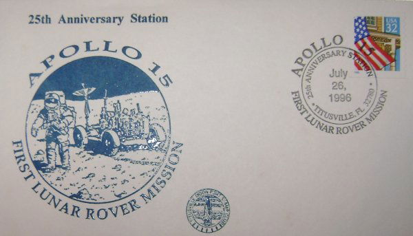 Apollo 15 25th Anniversary Station Cover: bearing a blue Apollo 15 First Lunar Rover Mission cachet and a Titusville Moon Port Stamp Club cachet, an Apollo 15 First Lunar Rover Mission 25th Anniversary Station Titusville, an Apollo 15 launch
