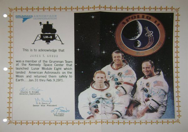 Apollo 16 Grumman Aerospace Corp. Certificate: "Grumman Certificate Dated Jan. 31 thru Feb. 9, 1971." (14 x 11") To James T. Grubb as a commemorative for his participation in the mission. Good condition with toning.