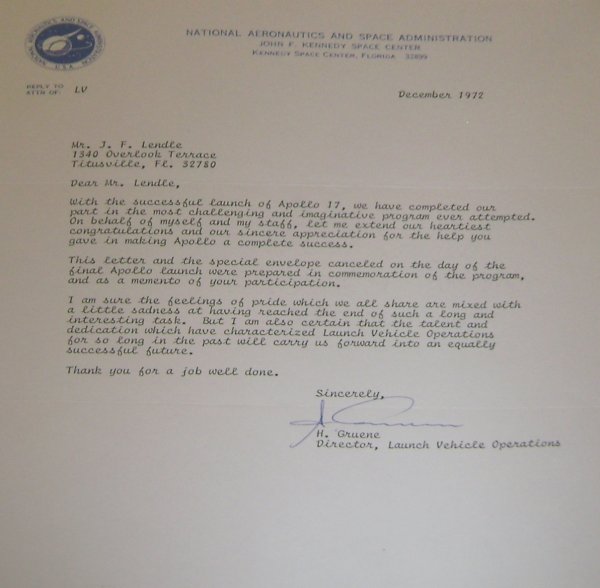Apollo 17 Letter Signed Hans Gruene Lauch Dep Dir: December 1972, NASA letter of appreciation signed by Hans Gruene, Deputy Director, Launch Operations Directorate, NASA's Manned Space Flight Center. Excellent condition.