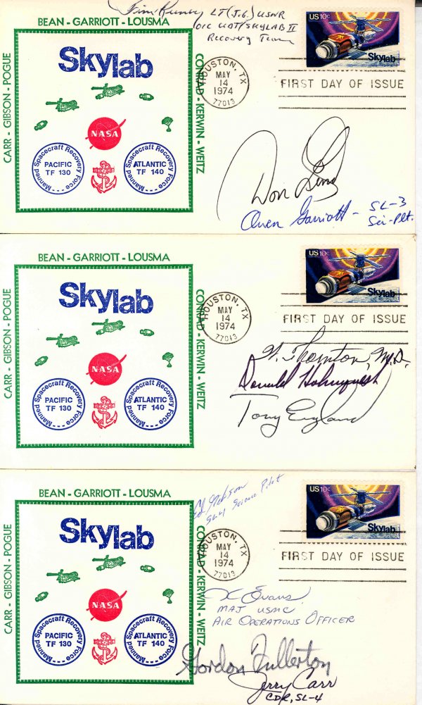 Skylab Astronauts Autographed Series Covers: Lot of three Skylab First Day Covers printed with a multicolor cachet, with Houston cancels dated May 14th, 1974. Autographs from Gerald Carr Owen Garriott and Edward Gibson (Skylab astronauts), as we