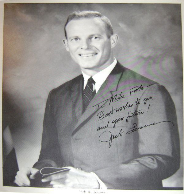 Skylab 3 Austronaut Jack Lousma Autograph: on a black and white lithograph (8 x 10") of the astronaut in his business suit. Lousma has signed in black Sharpie and inscribed the piece "To Mike Forte - Best wishes to you and your future ! Jack L
