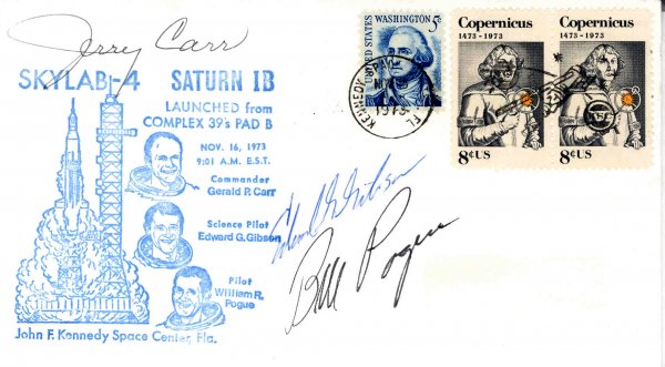 Skylab 3 Crew Autographs: on a blue rubber-stamped launch cover with Kennedy Space Center pictorial Skylab machine cancel dated November 16th, 1973. Carr and Pogue signed in black ink and Gibson in blue ink.