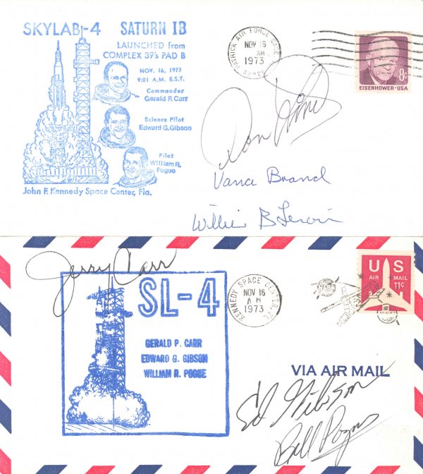 Skylab 4 Crew Autographs: Two different Skylab 4 covers signed by the prime crew (Carr, Gibson and Pogue) and backup crew (Brand, Lind and Lenoir). Both covers bear blue printed cachets and are tied with Nov 16, 1973 KSC and P