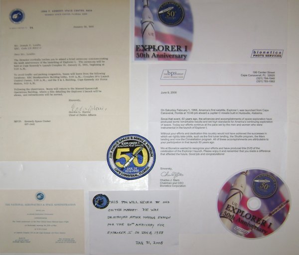 Collection of Explorer 1 Memorabilia: Included are an official NASA invitation to a 10th Anniversary of the launch of Explorer I; a DVD celebrating the 50th anniversary of the satellite; an Explorer I 50th anniversary commemorative cover 
