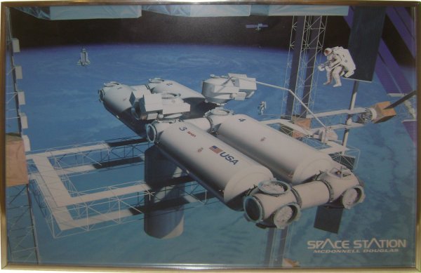 Shuttle, Space Station Poster: (matted and framed to 20 x 15") A color poster of the Space Station published by McDonnell Douglas. Framed in a silver metal frame. Very good condition.