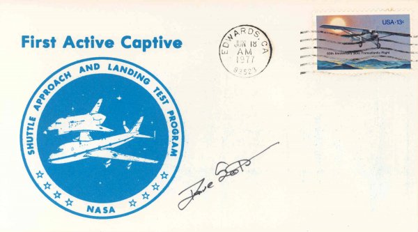 Shuttle Land Test Cover David Scott Autograph: on an unaddressed Shuttle ALT cover with a blue "NASA First Active Captive" cachet and Edwards, CA machine cancel. Space Shuttle Enterprise was used by NASA for a variety of ground and flight tests in