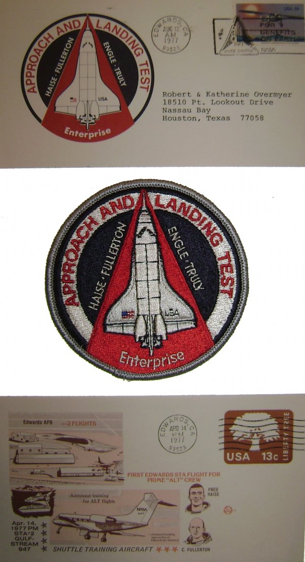 2 Shuttle ALT Covers & Patch From Overmyer: A lot of three ALT commemoratives including two covers and a patch from the Robert Overmyer Family Collection. The first cover bears a peach and brown cachet of EAFB, the Shuttle training craft and pi