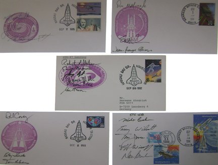 1992/1995 Autographs from 20 Shuttle Astronauts: on five launch and mission control covers with KSC and Houston cancel dates. Signed by Gibson, Brown, Apt, Mohri, Lee and Jemison (STS-47); Covery, Akers and Thornton (STS-61); McMonagle, Parazynski a