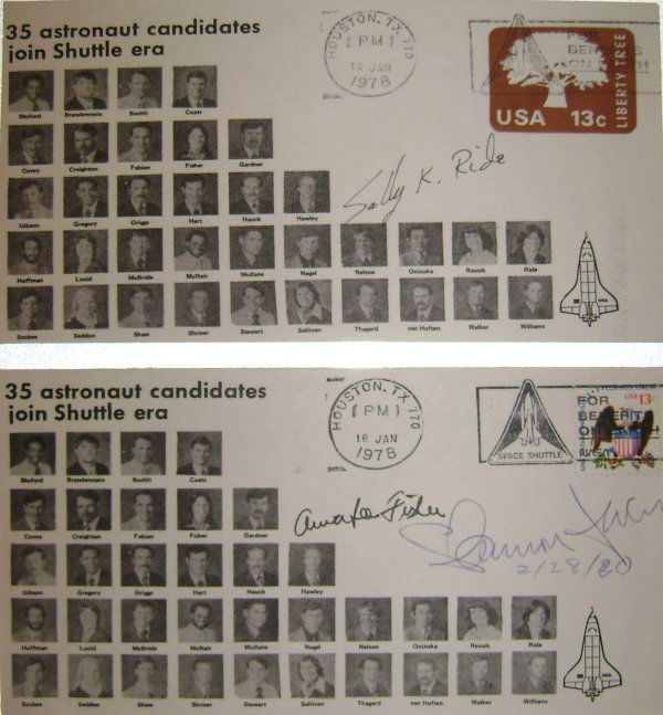 Shuttle, 1st U.S. Female Astronauts Autographs: Commemorative covers signed by America's first ladies in space, Sally Ride, Anna Fisher and Shannon Lucid; the covers bear Houston Space Shuttle machine cancels dated Jan. 16, 1978 and imprinted 13c L