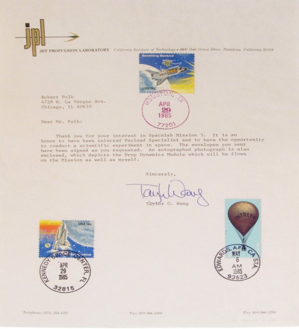 STS 51B Taylor Wang Autograph: on a personal letter on official JPL stationary explaining briefly some aspects of Spacelab Mission 3 that flew together with scientist astronaut Taylor Wang on the 16th Shuttle flight, STS-51B. When 
