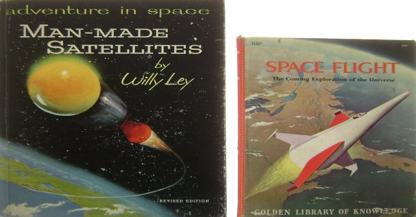 2 Books on Satellites by Willy Ley & Lester DelRey: 1958, revised edition, (44pp, hard cover) Man - Made Satellites by Willy Ley and 1961, revised edition (54 pp., hard cover) "Space Flight" by Lester Del Rey. Good condition.