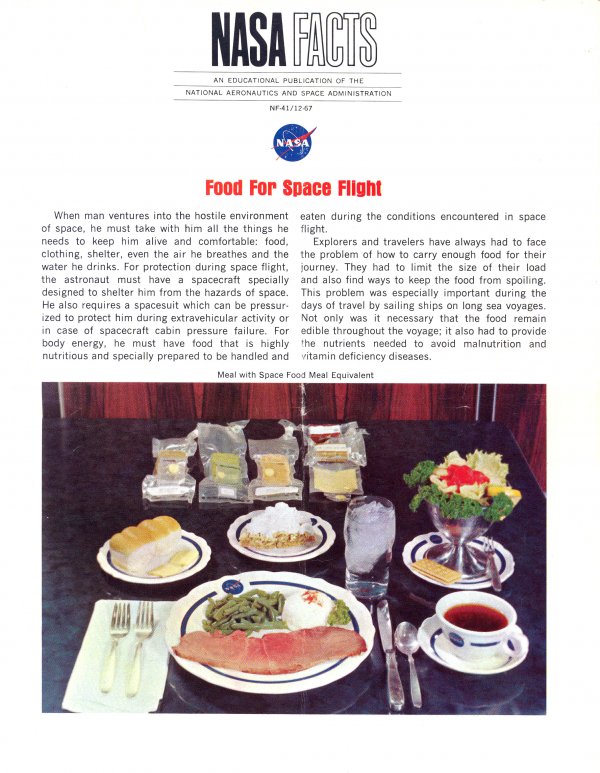 1969, "NASA Facts Food for Space Flight" Book: (8 pp., soft cover, stapled). This issue features "Food for project Mercury, Gemini Program and Apollo Program". Good condition.