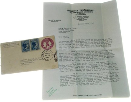 1941 2 US 1c "Columbus in Sight of Land" Stamps: cover Bearing a Hutchinson, KS cancel dated Jan 22, 1941, two US 1c "Columbus in Sight of Land" postage stamps, and a US 1492 - 1892 postal cachet. The letter is addressed to "Captain Joseph C. Rauh, 