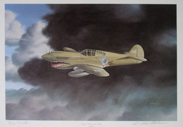 Flying Tiger Gen Robert Scott Autograph on Litho: This lot consists of WWII Flying Tiger General Robert Scott autograph on a color print " Tiger with a Tale" (24 x 18") by artist Mike Machat, who has also signed it. Robert Lee Scott Jr. (12 April 190